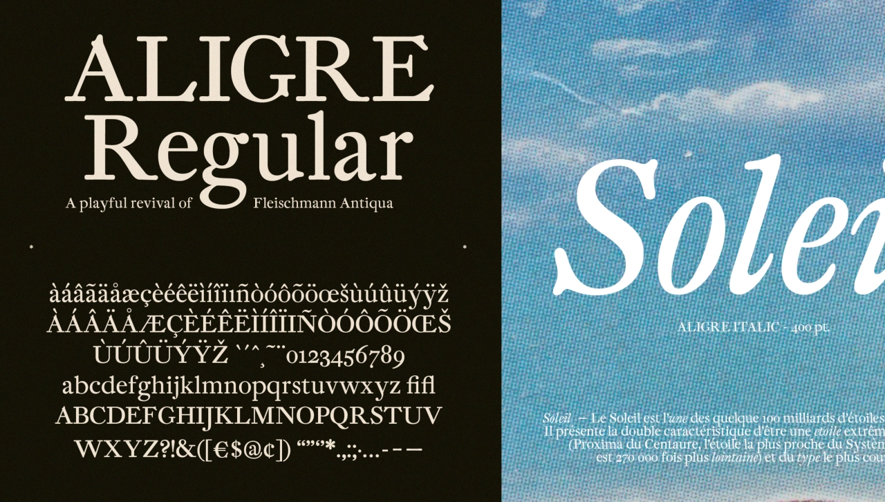 Aligre is a contemporary revival of Fleischman Antiqua, with a particular emphasis on the curves and decorative elements of Joan Fleischman's work. Unreleased for now!