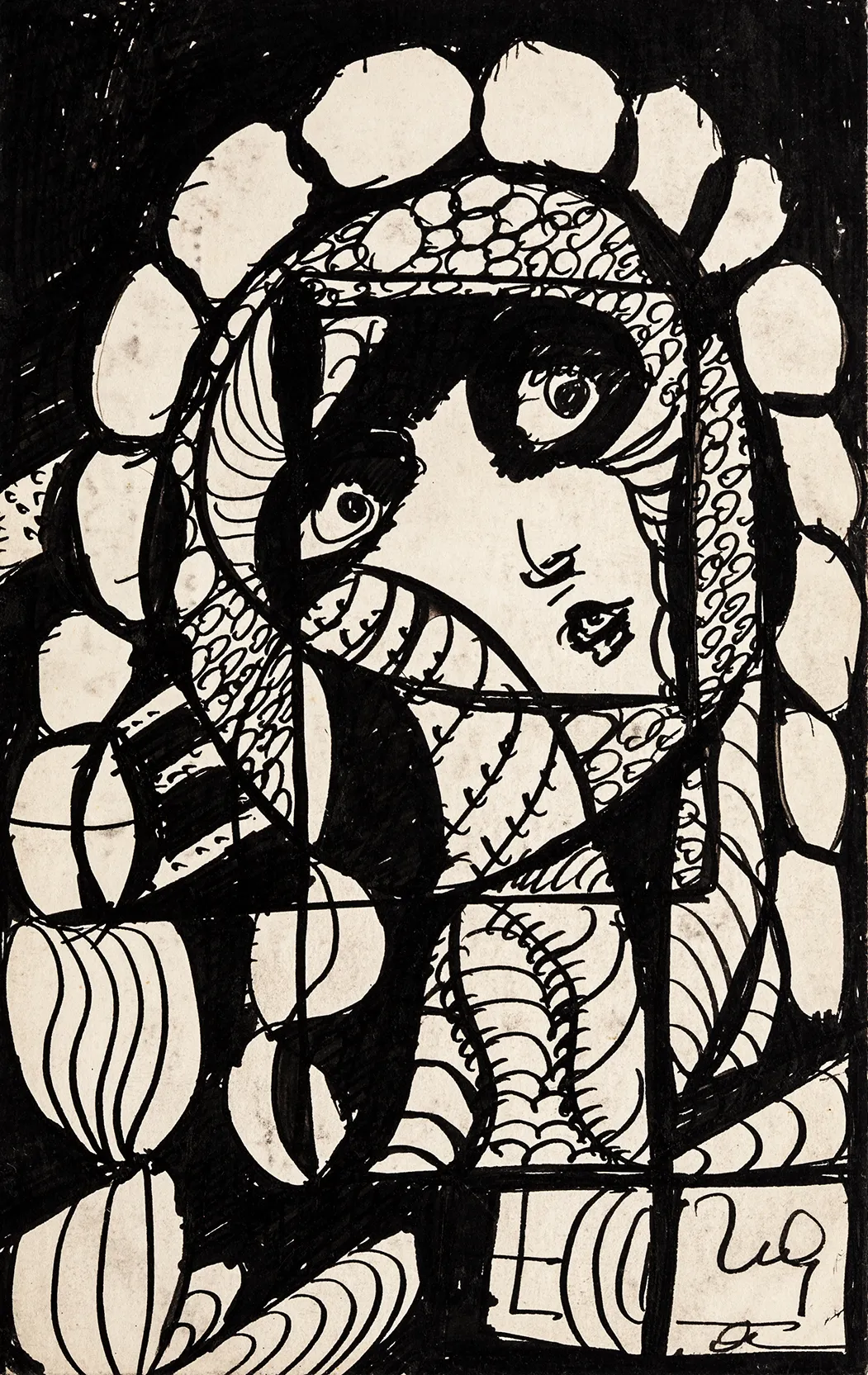 Madge Gill Untitled Black ink on card Plashet Grove, East Ham, London Courtesy Newham Archives and Local Studies Library.