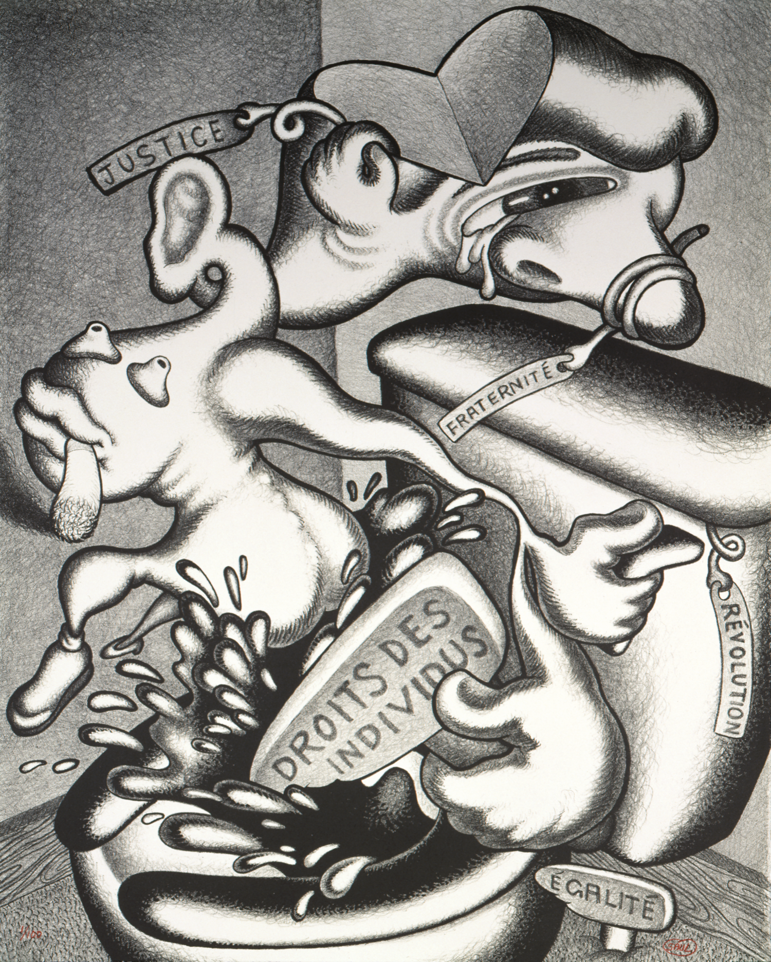 Peter Saul, Rights of the Individuals, 1989, coll. Centre national des arts plastiques, lithographie en NB, 70,7 x 55,6 cm © Peter Saul / Cnap /