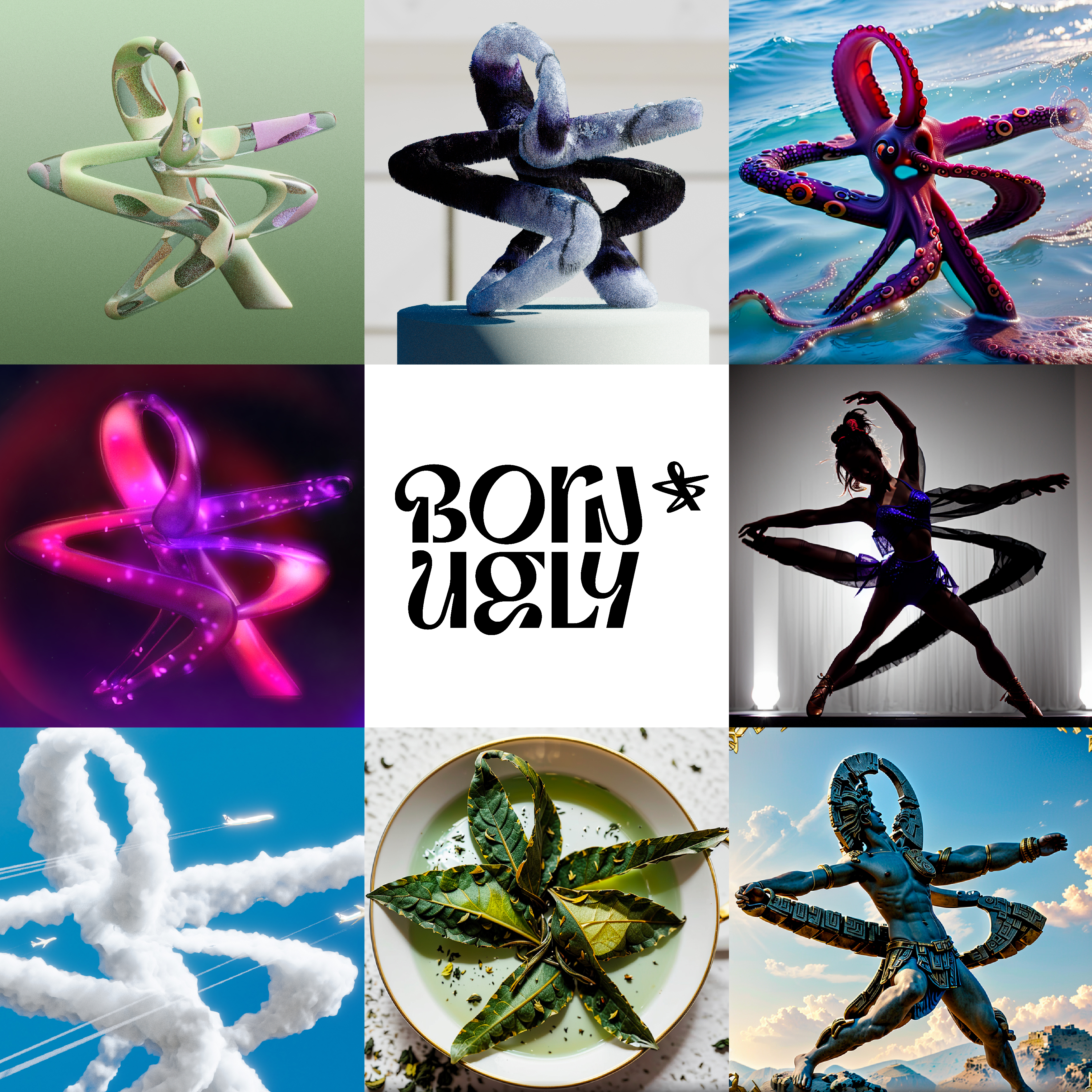 This self-promotion image represents different ways that Born Ugly have used AI to represent their very own brand icon ('The mark of potential'). They use these to help tell different stories and personalise presentations by reflecting the client or sector that they play in. The pink one in the middle left, for example represents their client MitoQ, who operate in the world of cell health.