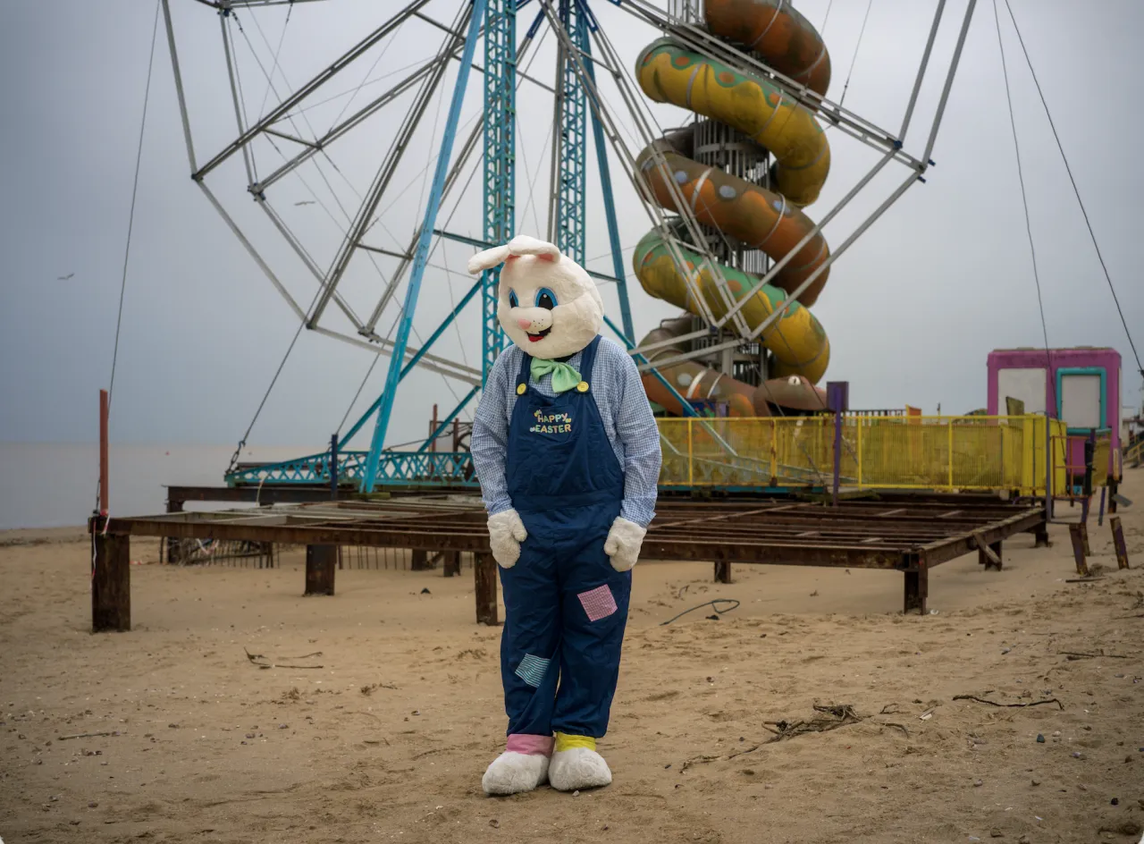 Cohen, 19, from Grimsby in his Easter bunny costume. Against the Tide, 2026. Photograph by Polly Braden