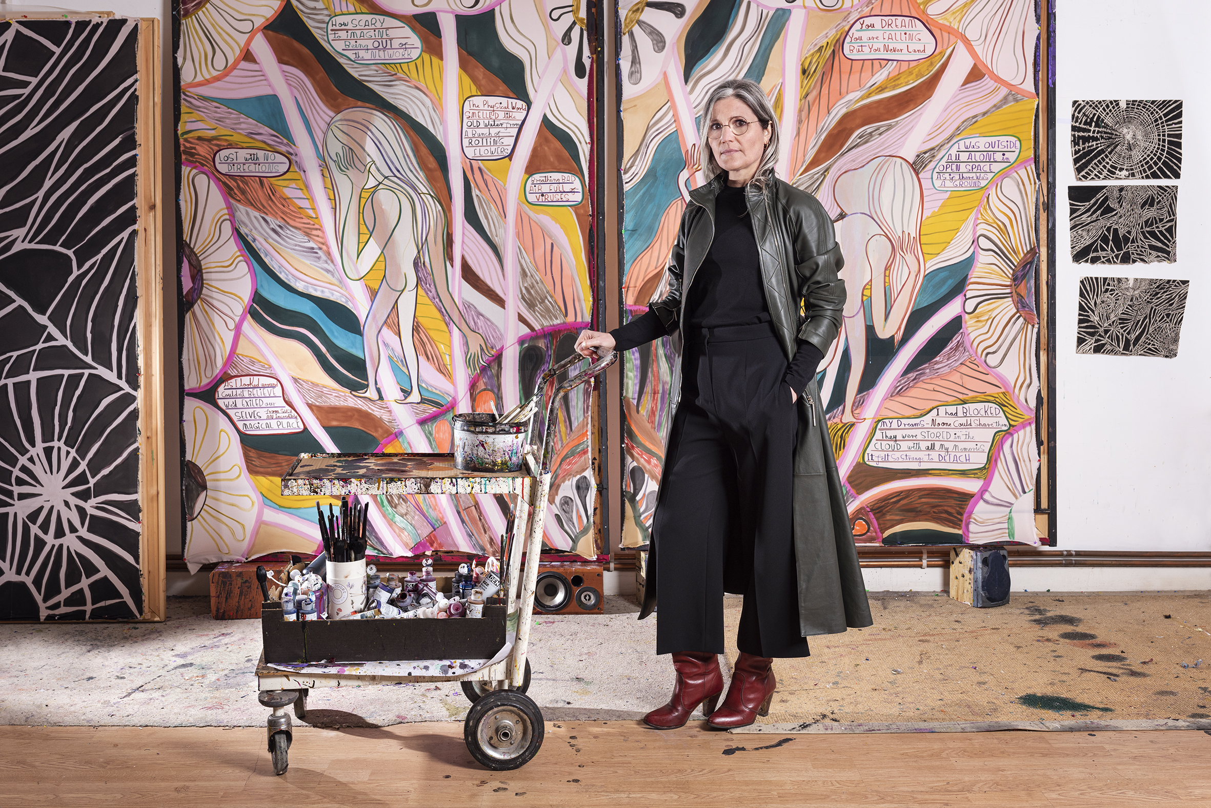 Emma Talbot Portrait in the artist’s studio Pictured with When Screens Break, 2020 Photo: Thierry Bal