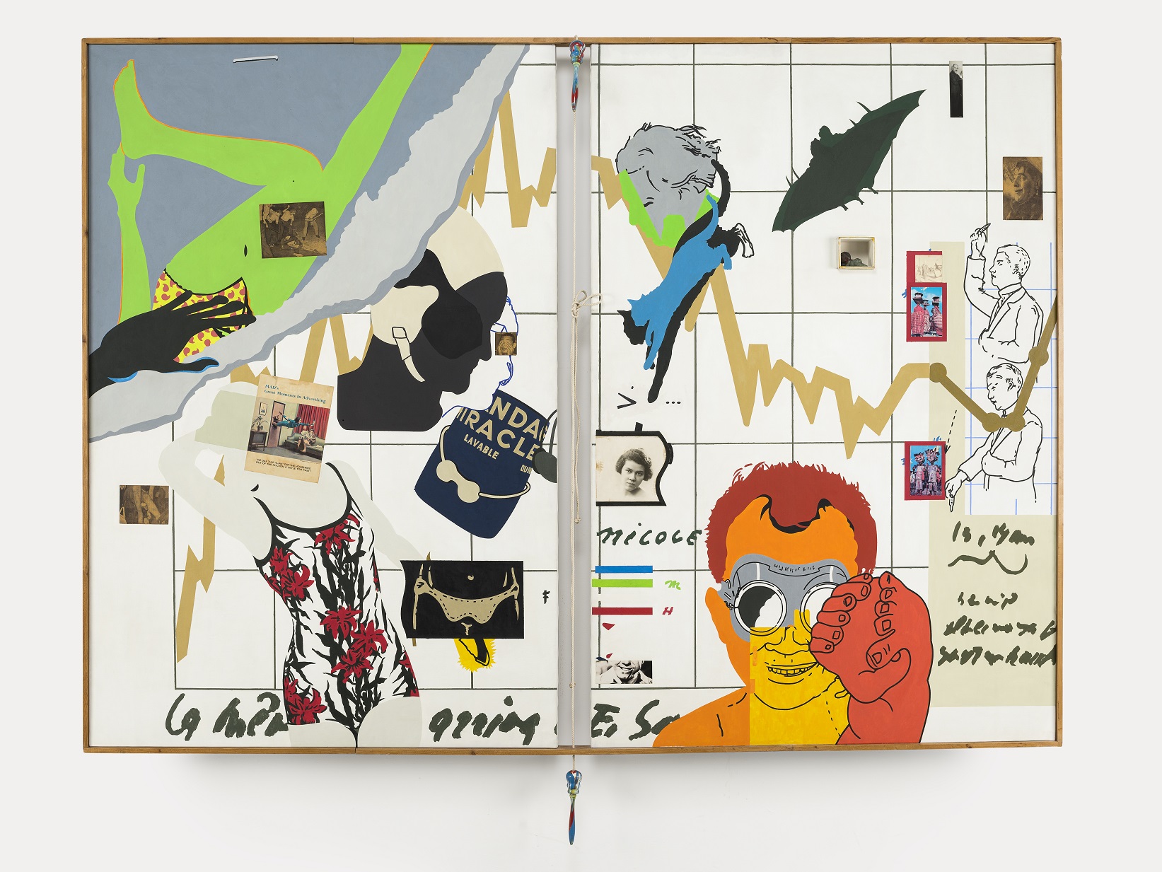 Hervé Télémaque, Convergence, 1966, Vinyl and acrylic painting on canvas, assemblage (feather duster, book, paper, ribbon, newspaper) 130 x 195 cm. Photograph: Musée d'art moderne et contemporain de Saint-Etienne Métropole / Cyrille Cauvet © Hervé Télémaque, ADAGP, Paris and DACS, London 2021.