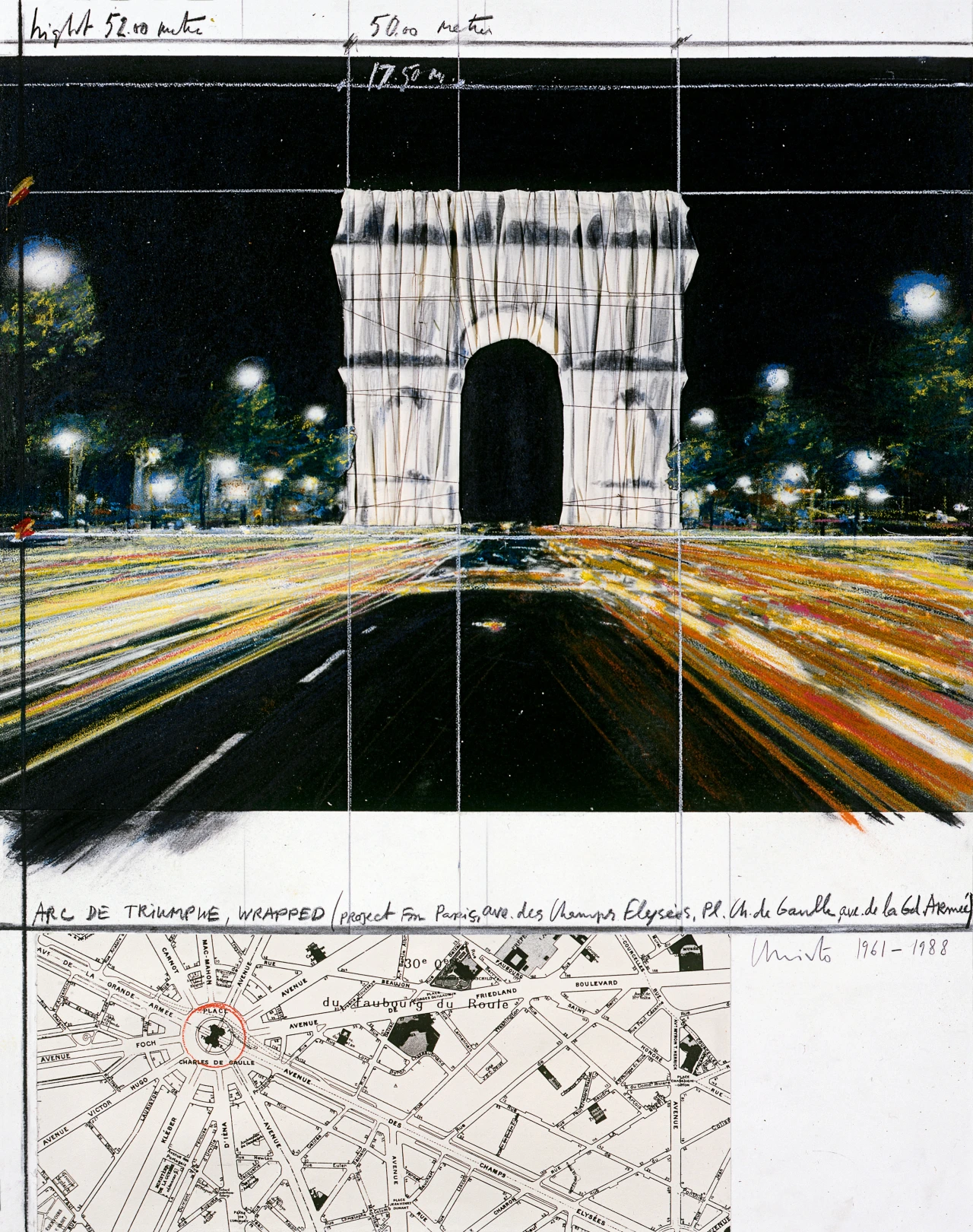 Arc de Triomphe, Wrapped, (Project for Paris), Collage 1961–88: 71.1 x 55.9 cm (28 x 22") Pencil, fabric, twine, pastel, charcoal, wax crayon, map, and Photostat from postcard, Private collection © Christo and Jeanne-Claude Foundation, New York
