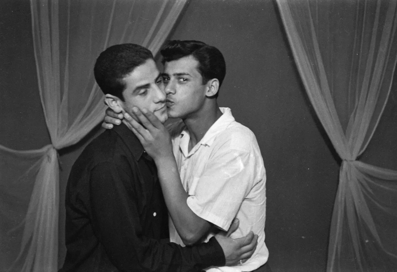 From Hashem el Madani: Studio Practices by Akram Zaatari, 2007: Anonymous. Studio Shehrazade, Saida, Lebanon, early 1970s. Hashem el Madani. Tate: Presented by Tate International Council 2008 | Copyright: Akram Zaatari, courtesy of Hashem el Madani and Arab Image Foundation, Beirut