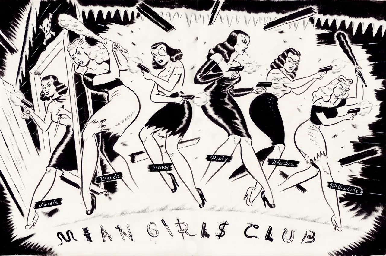 Preview of original artwork from ‘Mean Girls Club Pink Dawn’ graphic novel (pages 4 & 5)(gouache and pencil crayon on paper (B&W), 27 x 17 inches) © Ryan Heshka