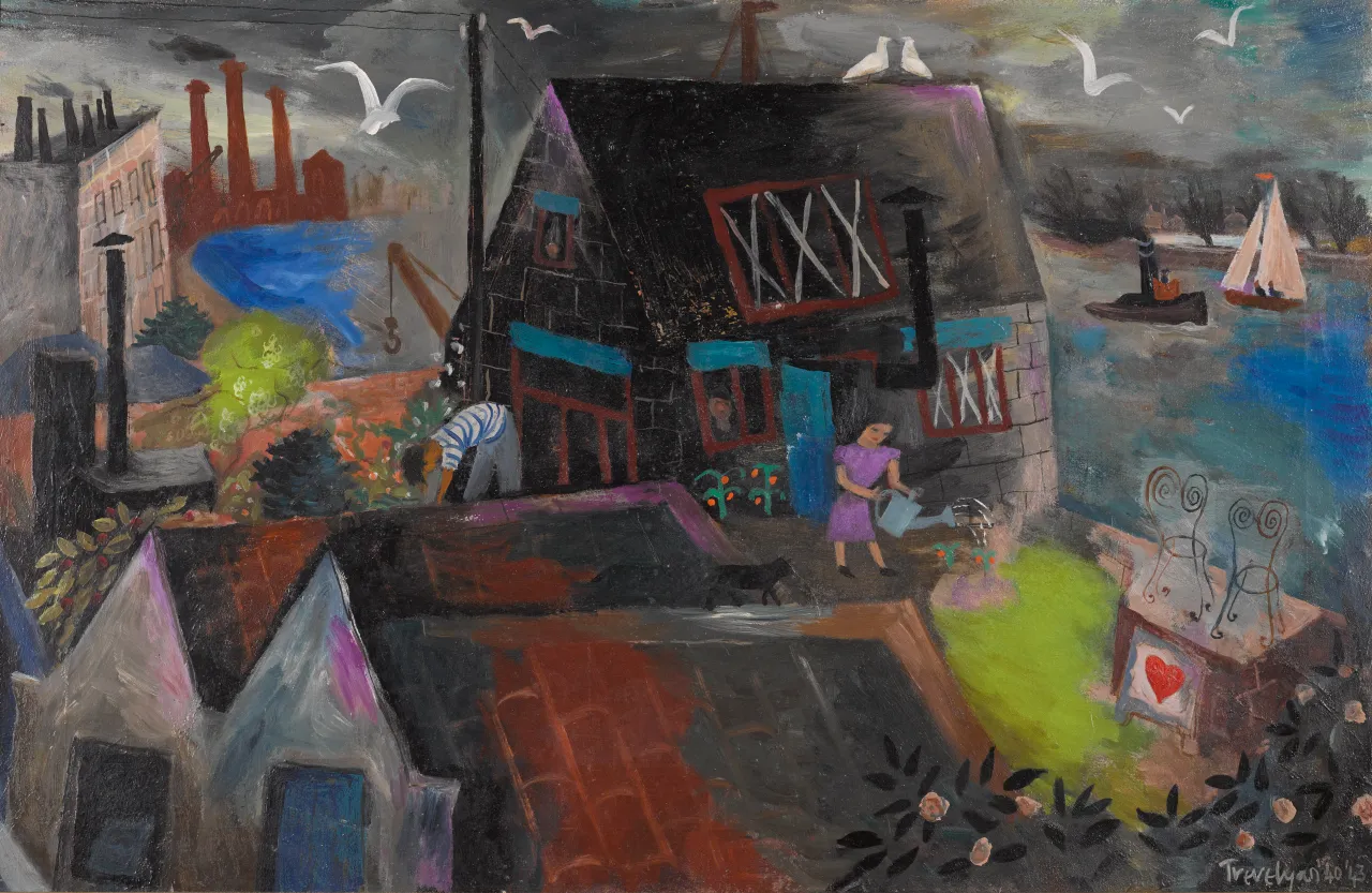 Julian Trevelyan, Durham Wharf, 1940/43, oil on canvas, 66.5 x 101.5 cm, Private Collection © The Julian Trevelyan Estate