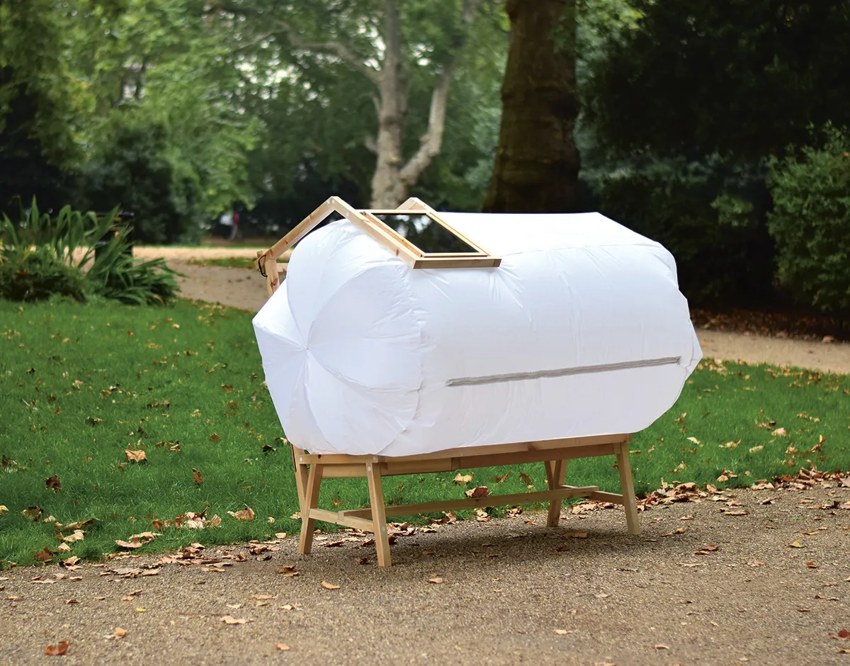 Park Bench Bubble, Thor ter Kulve, UK, 2014. Recycled timber, nylon, solar panel, USB charging station. Picture credit: Namuun Zimmerman