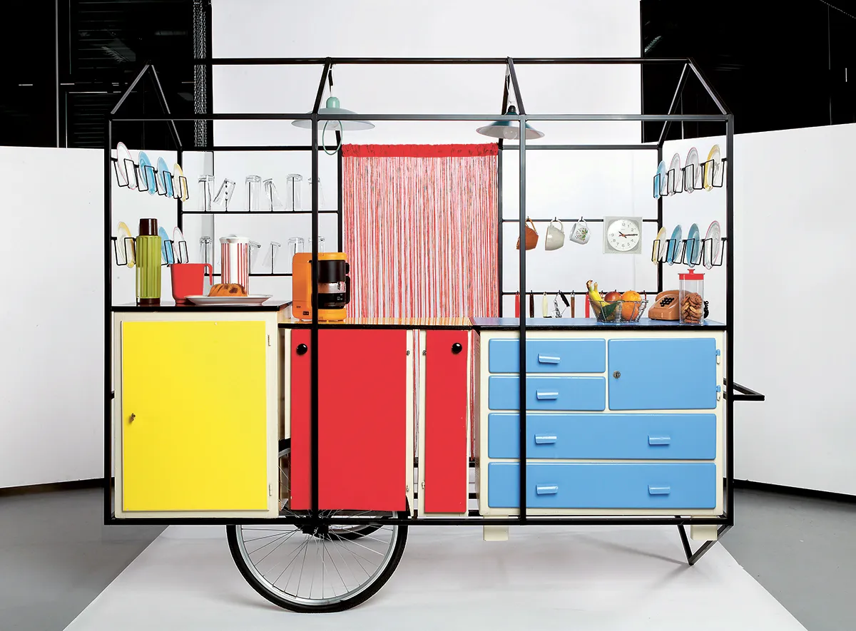 Mobile Kitchen, Geneva University of Art and Design, Switzerland, 2013. Steel framing, plywood, plasterboard, wheels, kitchenware. Picture credit: Emmanuelle Bayart