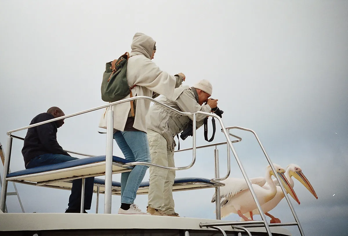 The Tourists and the Pelicans - Elie Kauffmann: This photograph was taken in Walvis Bay, Namibia. This couple of pelicans were quite the attraction on the boat!  Two tourist were obstinate about those birds. (Open People)