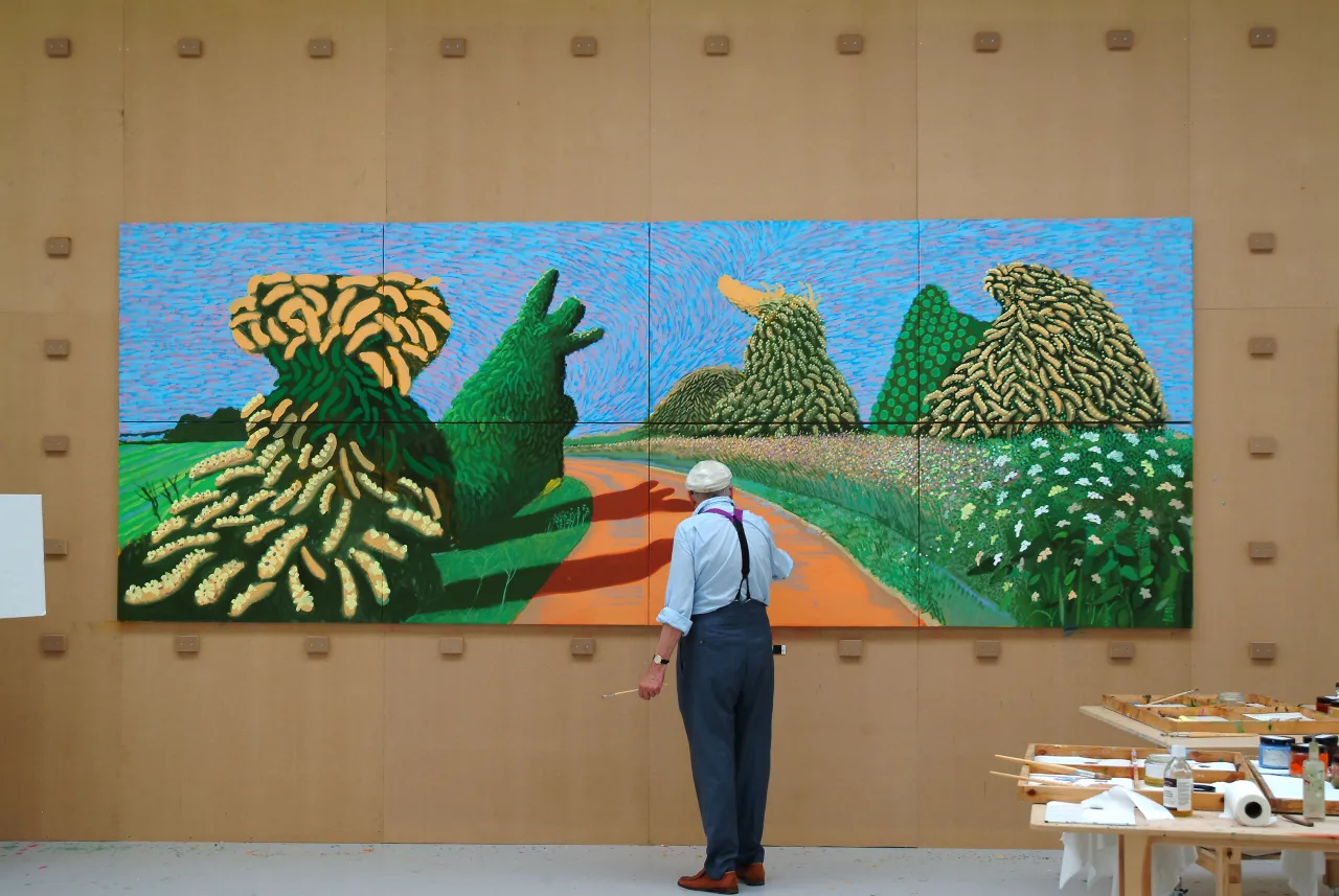 David Hockney painting "May Blossom on the Roman Road", 2009, © David Hockney, Photo credit: Jean-Pierre Gonçalves de Lima.
