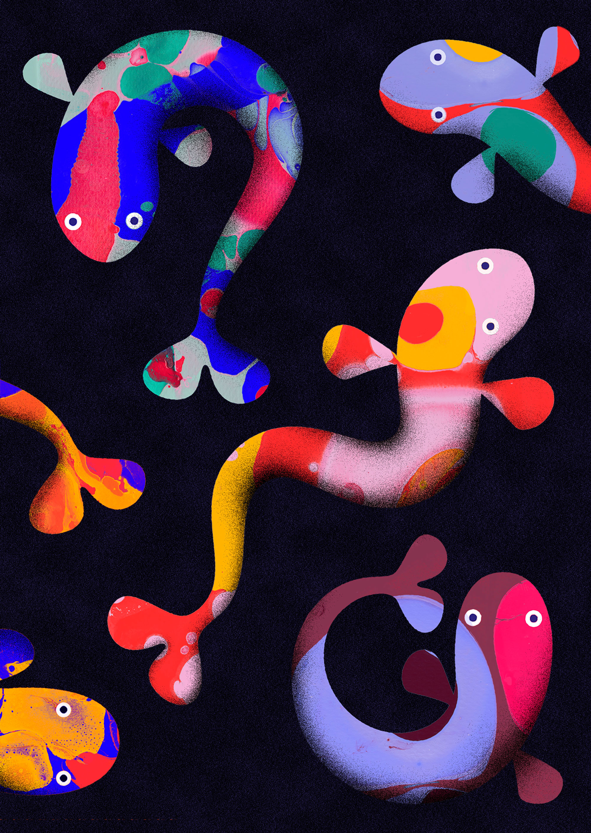 Kois: "This work tries to capture the beauty of koi carp. I made marbled paper and used these analog structures."