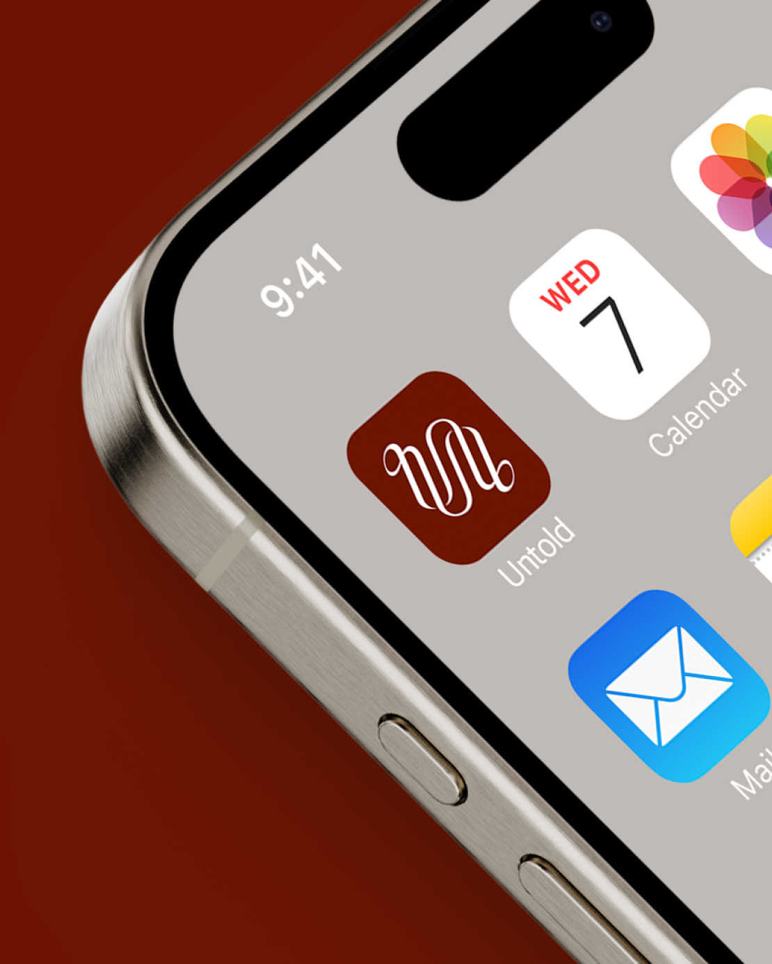 A close-up of a smartphone home screen showing the maroon Untold app icon next to Calendar and Mail.