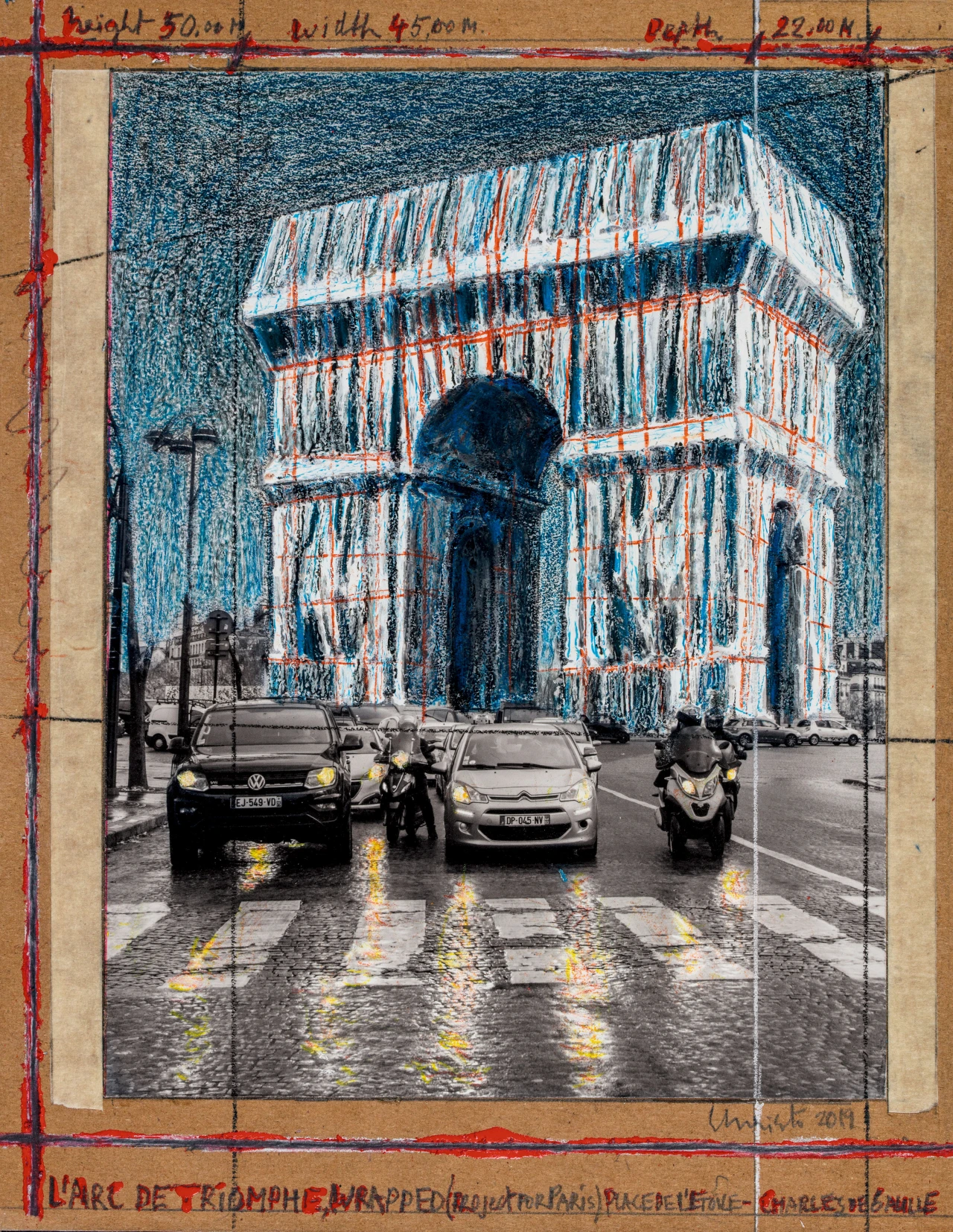 L’Arc de Triomphe, Wrapped (Project for Paris), Place de l’Etoile – Charles de Gaulle, Collage 2019: 28 x 21.5 cm (11 x 8."), Pencil, wax crayon, enamel paint, photograph by Wolfgang Volz, and tape on brown board, Private collection © Christo and Jeanne-Claude Foundation, New York