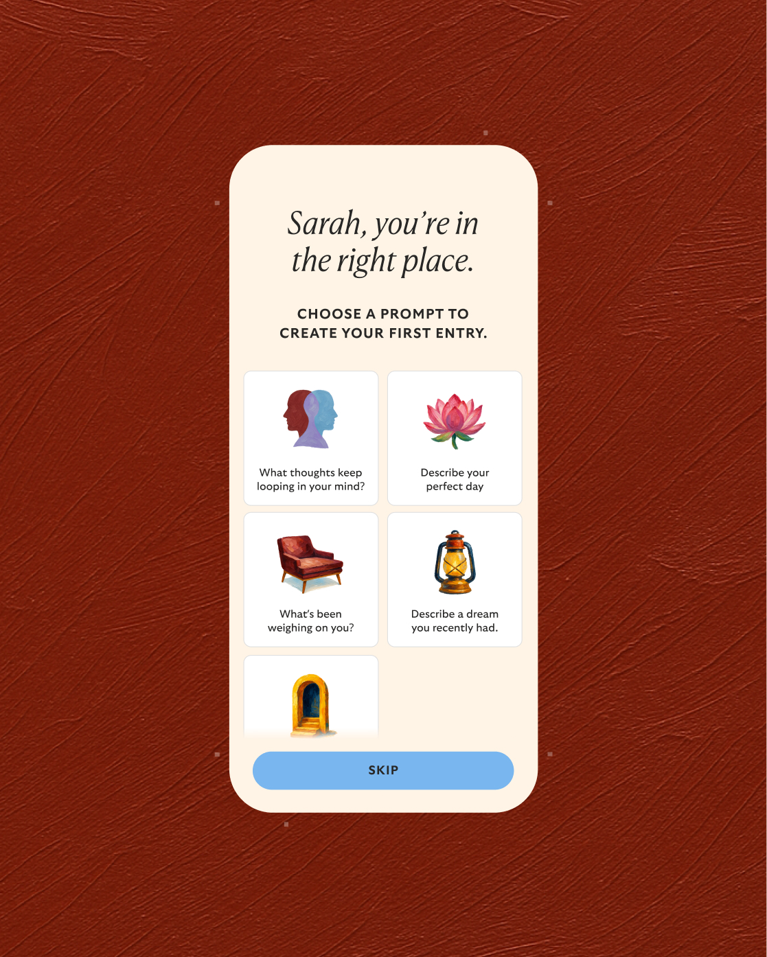 An onboarding screen inviting a user named Sarah to choose a journalling prompt from illustrated cards.